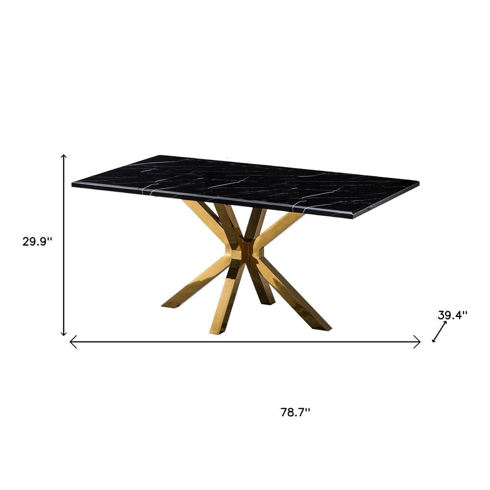79" Black and Gold Marble and Metal Cross Leg Base Dining Table HomeRoots