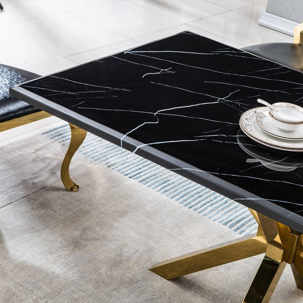 63" Black and Gold Marble and Metal Cross Leg Base Dining Table HomeRoots