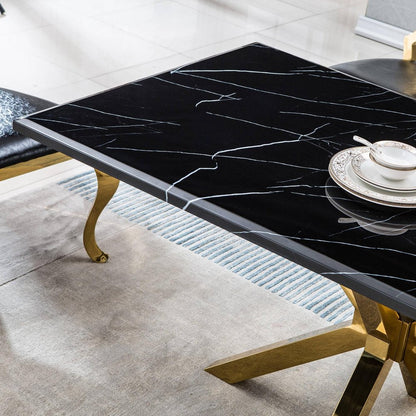 63" Black and Gold Marble and Metal Cross Leg Base Dining Table HomeRoots