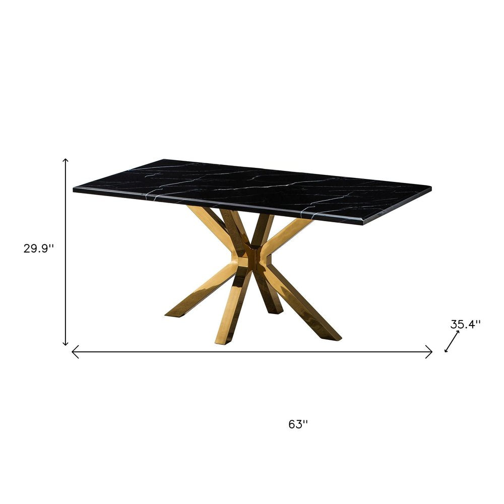 63" Black and Gold Marble and Metal Cross Leg Base Dining Table HomeRoots