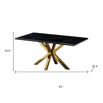 63" Black and Gold Marble and Metal Cross Leg Base Dining Table HomeRoots