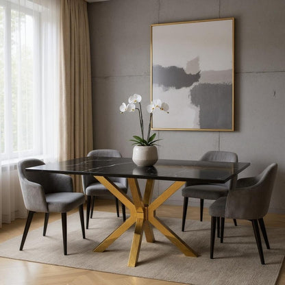 63" Black and Gold Marble and Metal Cross Leg Base Dining Table HomeRoots