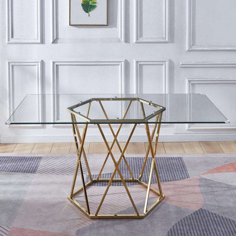 63" Clear and Gold Glass and Metal Geo Pedestal Base Dining Table HomeRoots