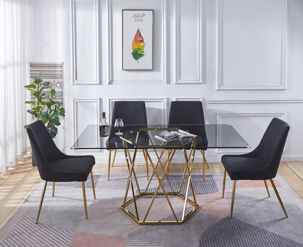 63" Clear and Gold Glass and Metal Geo Pedestal Base Dining Table HomeRoots