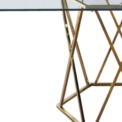 63" Clear and Gold Glass and Metal Geo Pedestal Base Dining Table HomeRoots