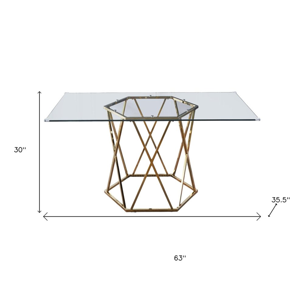 63" Clear and Gold Glass and Metal Geo Pedestal Base Dining Table HomeRoots