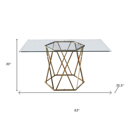 63" Clear and Gold Glass and Metal Geo Pedestal Base Dining Table HomeRoots