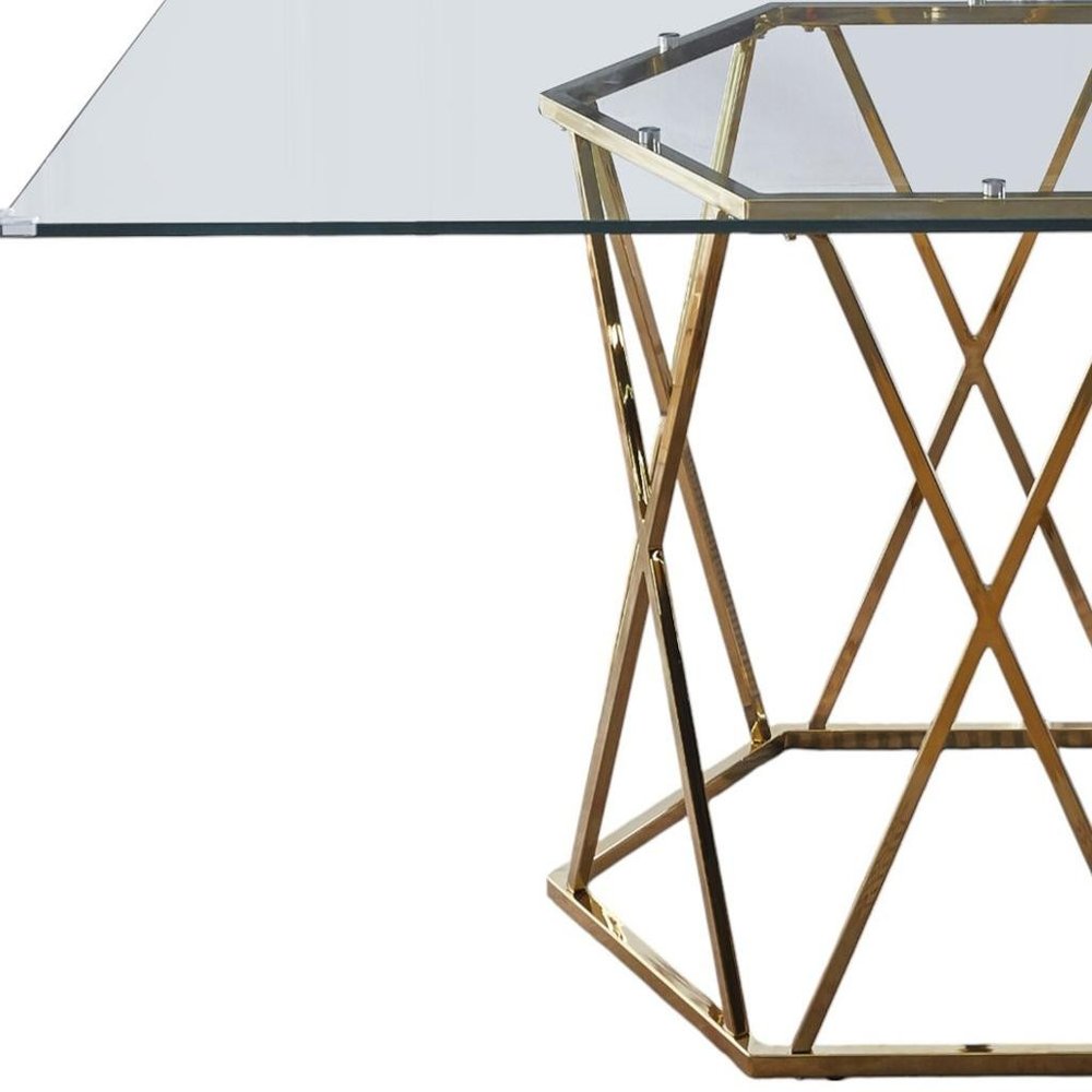63" Clear and Gold Glass and Metal Geo Pedestal Base Dining Table HomeRoots