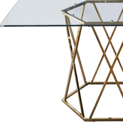 63" Clear and Gold Glass and Metal Geo Pedestal Base Dining Table HomeRoots