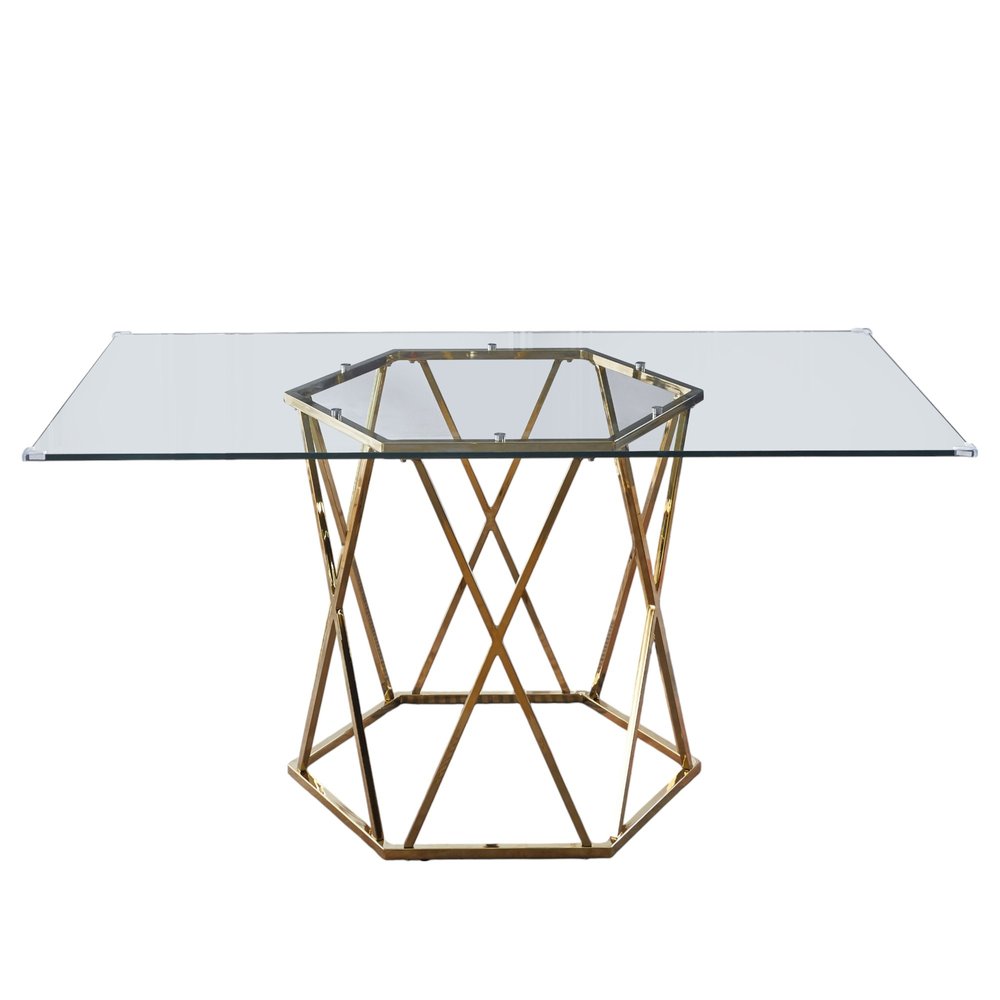 63" Clear and Gold Glass and Metal Geo Pedestal Base Dining Table HomeRoots