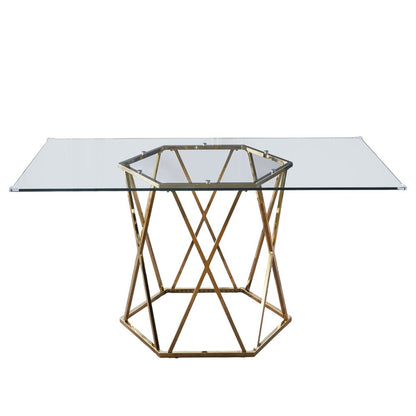 63" Clear and Gold Glass and Metal Geo Pedestal Base Dining Table HomeRoots