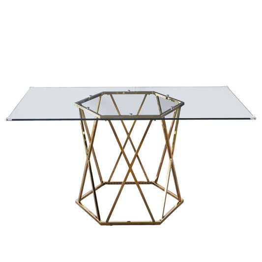 63" Clear and Gold Glass and Metal Geo Pedestal Base Dining Table HomeRoots
