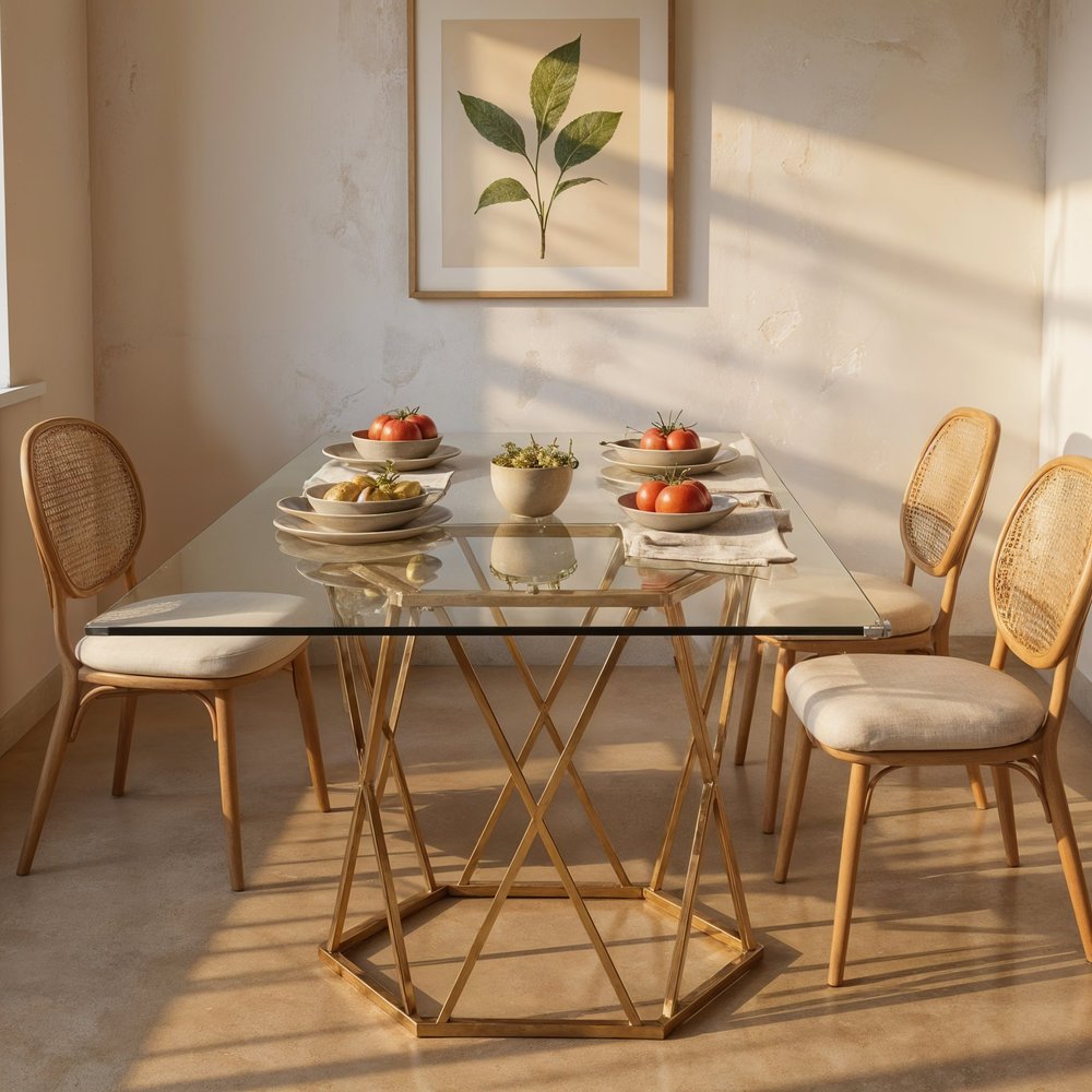 63" Clear and Gold Glass and Metal Geo Pedestal Base Dining Table HomeRoots