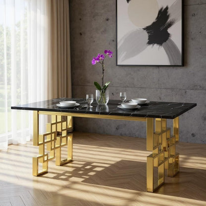 79" Black and Gold Marble and Metal Double Pedestal Base Dining Table HomeRoots