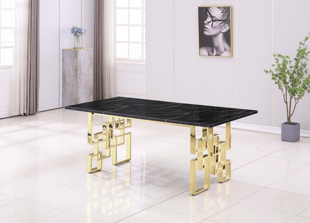 79" Black and Gold Marble and Metal Double Pedestal Base Dining Table HomeRoots