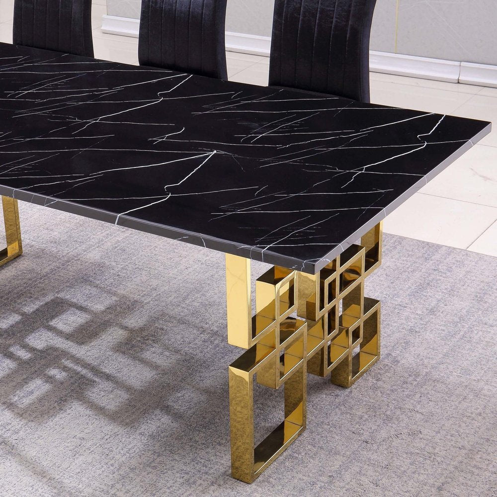 79" Black and Gold Marble and Metal Double Pedestal Base Dining Table HomeRoots
