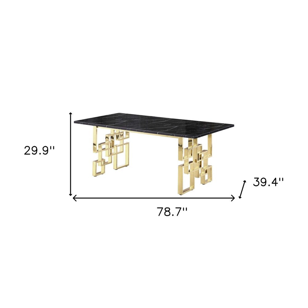 79" Black and Gold Marble and Metal Double Pedestal Base Dining Table HomeRoots