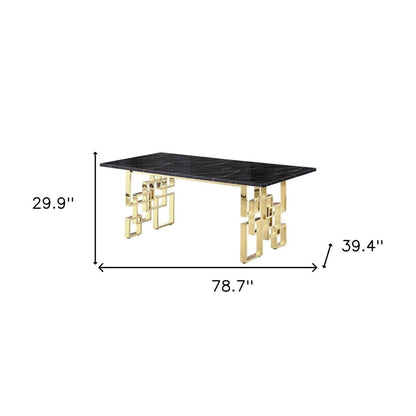 79" Black and Gold Marble and Metal Double Pedestal Base Dining Table HomeRoots