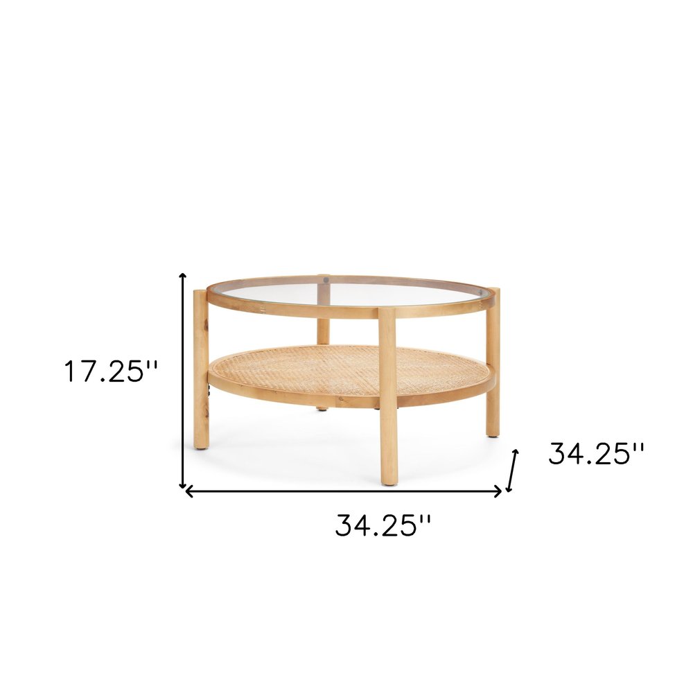 34" Clear and Natural Glass and Solid Wood Round Coffee Table With Shelf HomeRoots