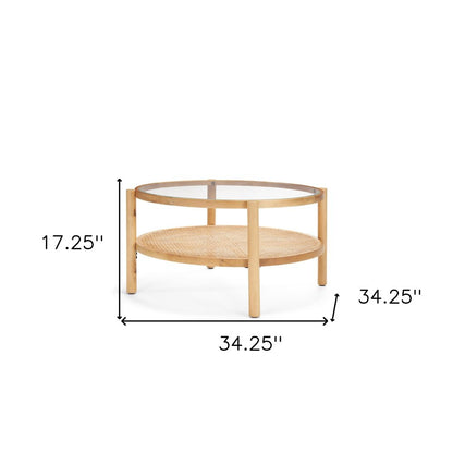 34" Clear and Natural Glass and Solid Wood Round Coffee Table With Shelf HomeRoots