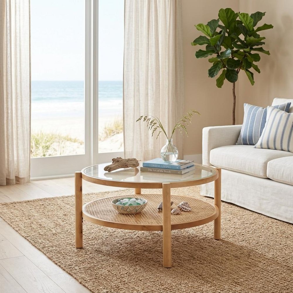 34" Clear and Natural Glass and Solid Wood Round Coffee Table With Shelf HomeRoots