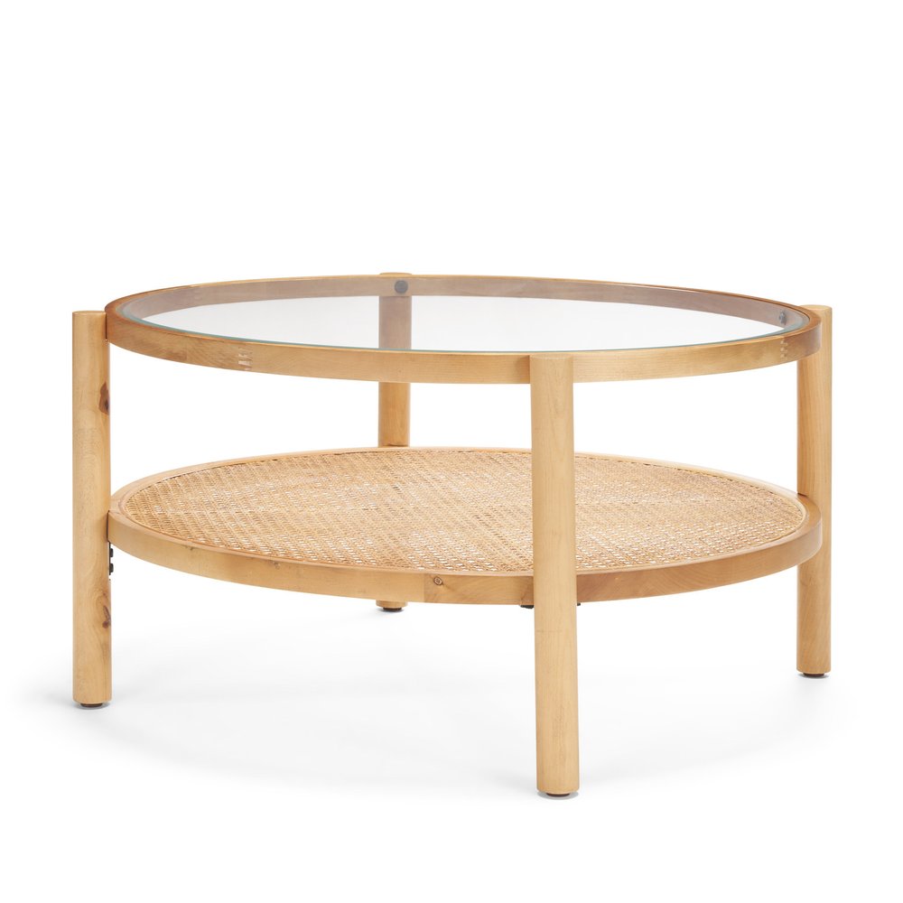 34" Clear and Natural Glass and Solid Wood Round Coffee Table With Shelf HomeRoots