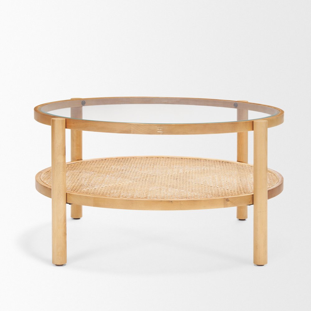 34" Clear and Natural Glass and Solid Wood Round Coffee Table With Shelf HomeRoots