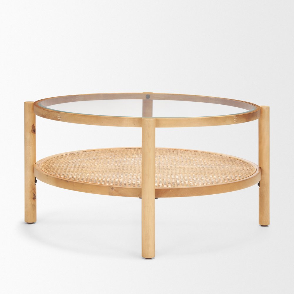 34" Clear and Natural Glass and Solid Wood Round Coffee Table With Shelf HomeRoots