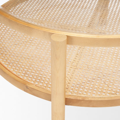 34" Clear and Natural Glass and Solid Wood Round Coffee Table With Shelf HomeRoots