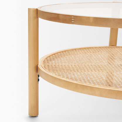 34" Clear and Natural Glass and Solid Wood Round Coffee Table With Shelf HomeRoots