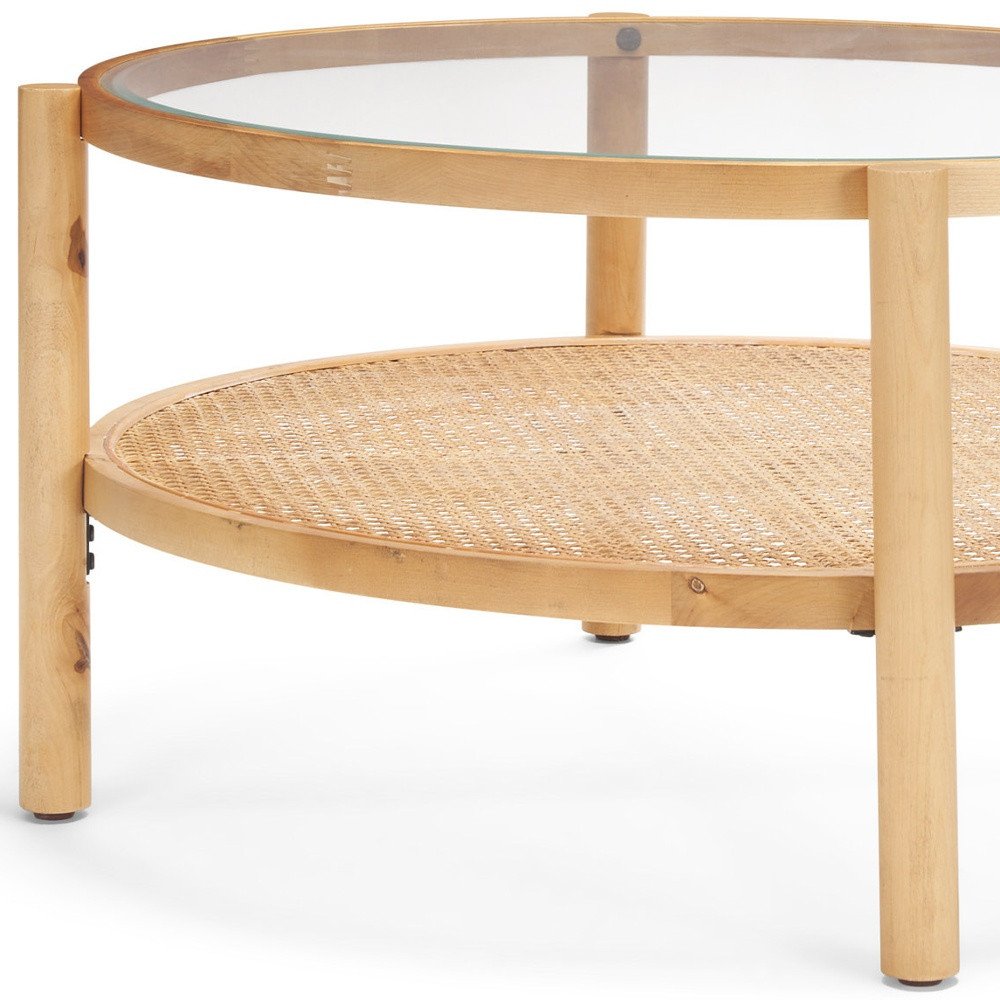 34" Clear and Natural Glass and Solid Wood Round Coffee Table With Shelf HomeRoots