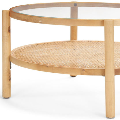 34" Clear and Natural Glass and Solid Wood Round Coffee Table With Shelf HomeRoots