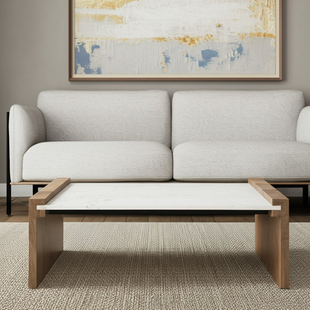 48" Natural and White Solid Wood And Genuine Marble Coffee Table HomeRoots