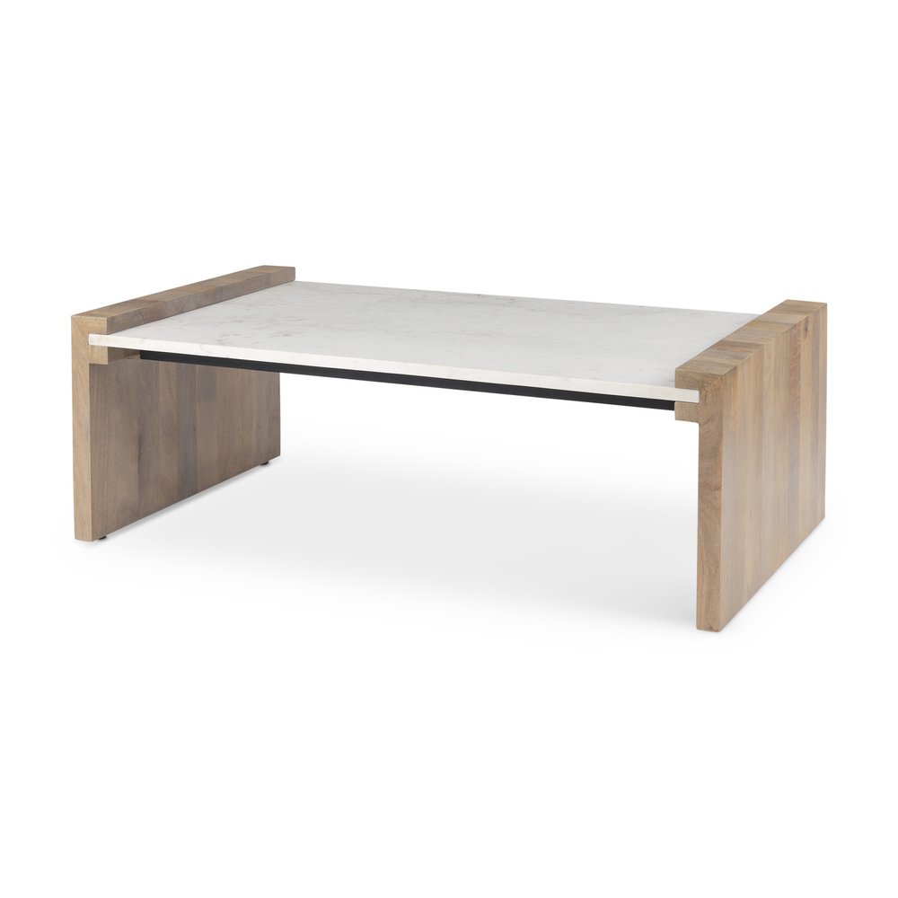 48" Natural and White Solid Wood And Genuine Marble Coffee Table HomeRoots