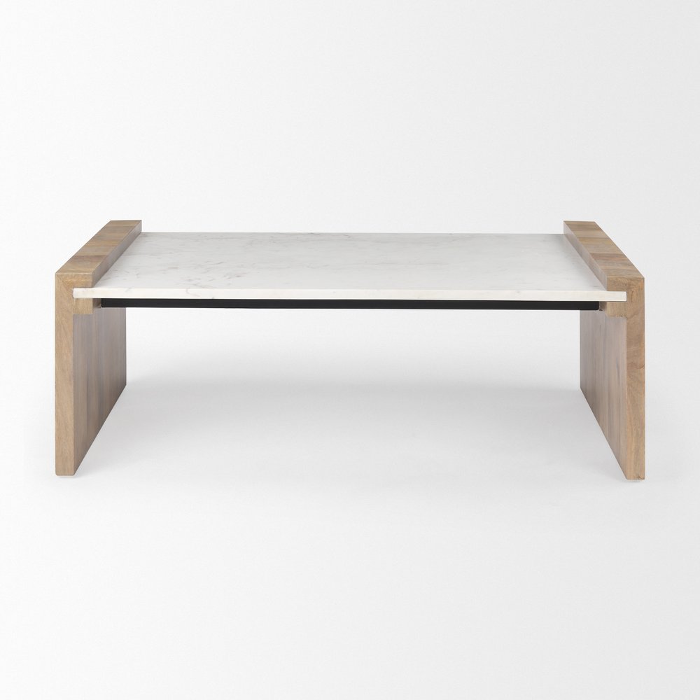 48" Natural and White Solid Wood And Genuine Marble Coffee Table HomeRoots