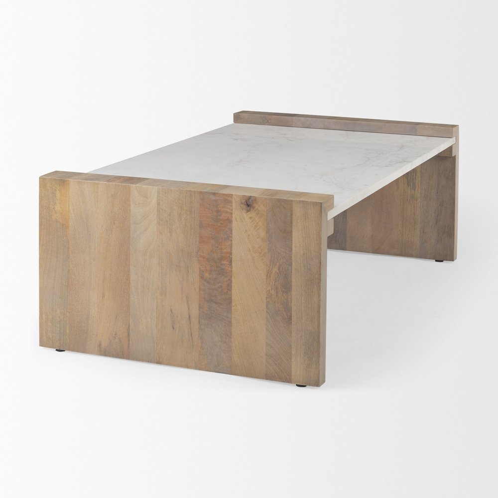 48" Natural and White Solid Wood And Genuine Marble Coffee Table HomeRoots