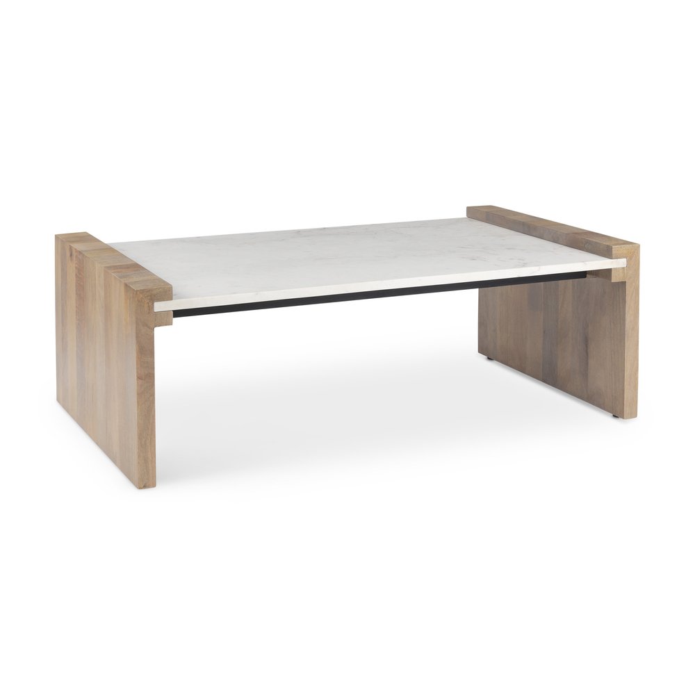 48" Natural and White Solid Wood And Genuine Marble Coffee Table HomeRoots