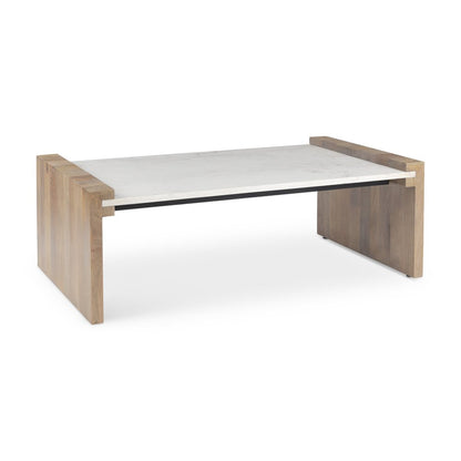 48" Natural and White Solid Wood And Genuine Marble Coffee Table