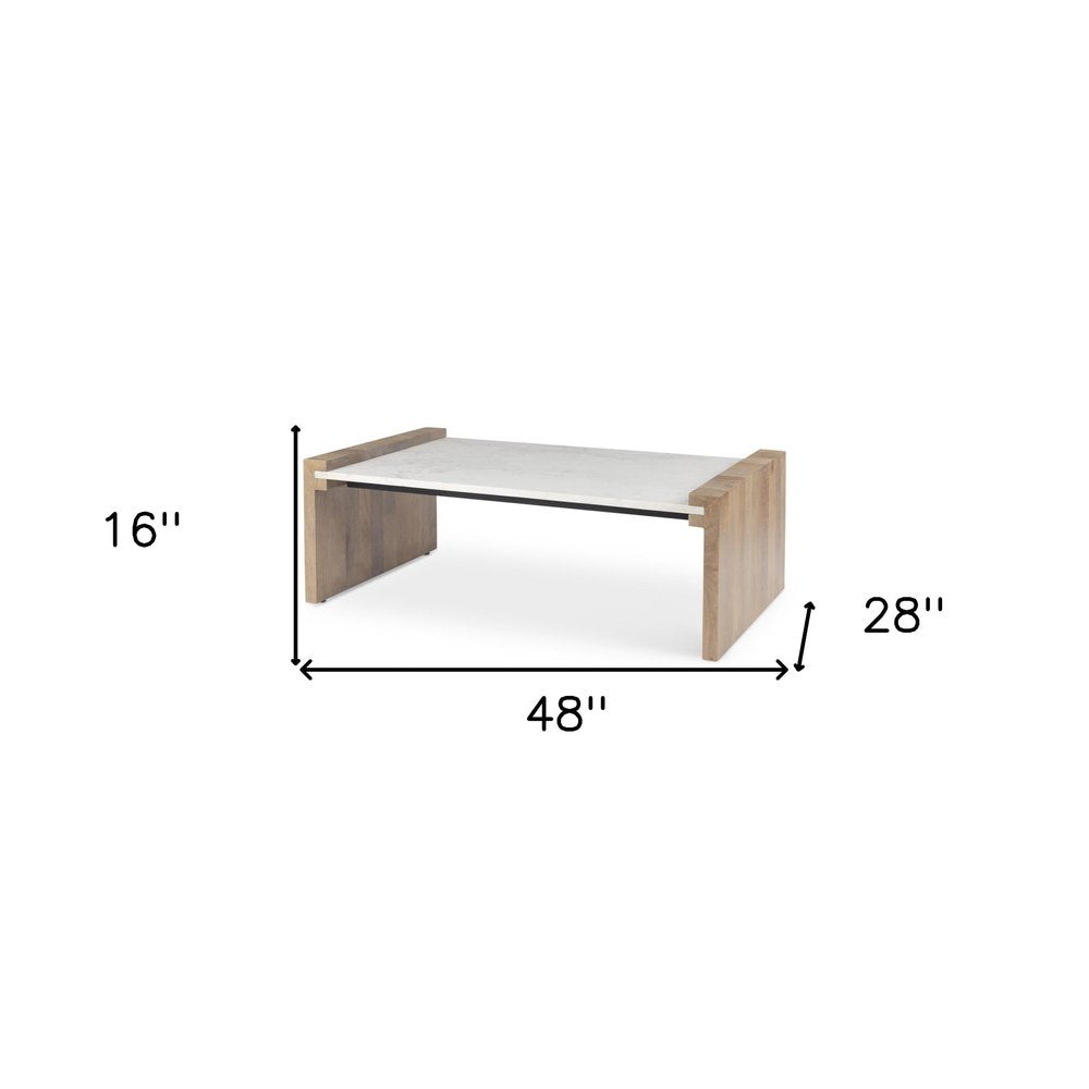 48" Natural and White Solid Wood And Genuine Marble Coffee Table HomeRoots