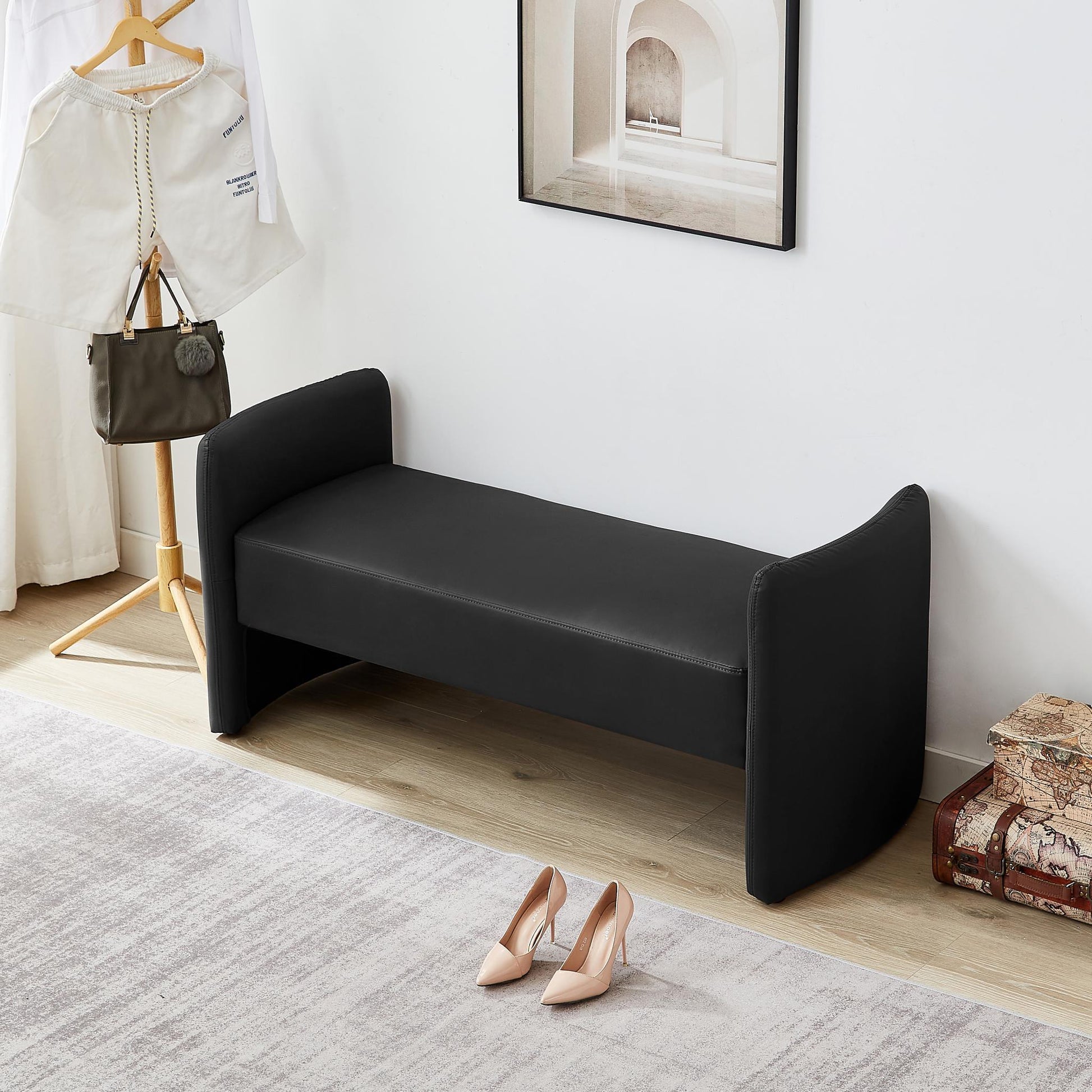 Modern Upholstered Bed Bench Entryway BenchOttoman with Armrest - FurniFindUSA