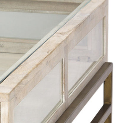 44" Off White Clear And Gold Solid Wood Glass And Iron Storage Coffee Table HomeRoots