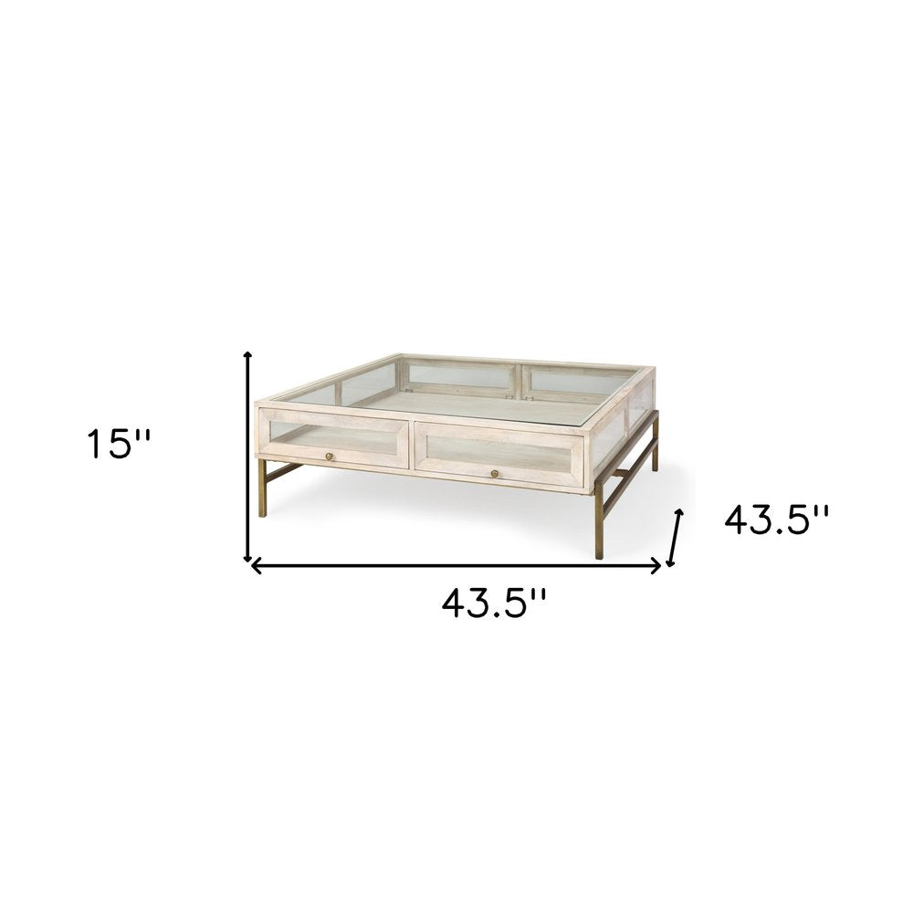 44" Off White Clear And Gold Solid Wood Glass And Iron Storage Coffee Table HomeRoots