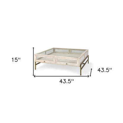 44" Off White Clear And Gold Solid Wood Glass And Iron Storage Coffee Table HomeRoots