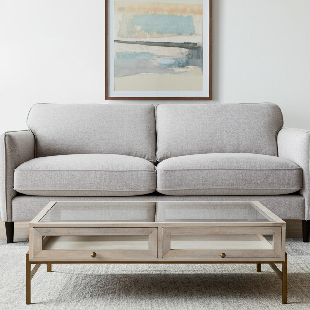 44" Off White Clear And Gold Solid Wood Glass And Iron Storage Coffee Table HomeRoots