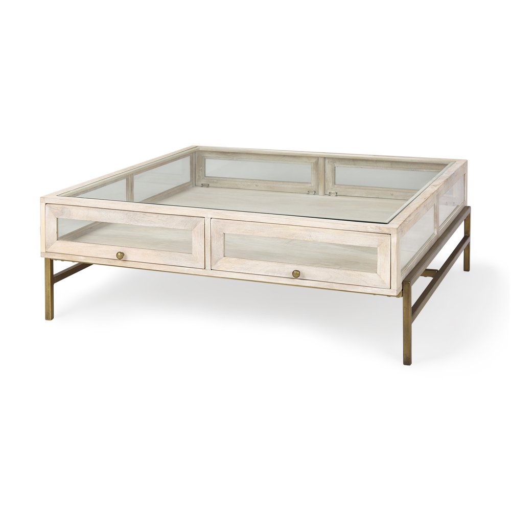 44" Off White Clear And Gold Solid Wood Glass And Iron Storage Coffee Table HomeRoots