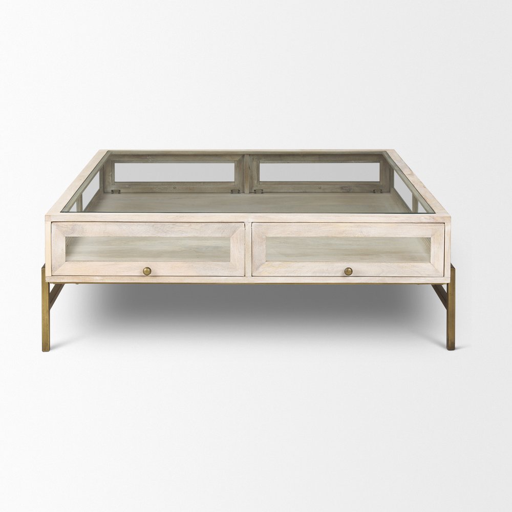 44" Off White Clear And Gold Solid Wood Glass And Iron Storage Coffee Table HomeRoots