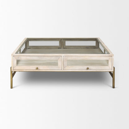44" Off White Clear And Gold Solid Wood Glass And Iron Storage Coffee Table HomeRoots
