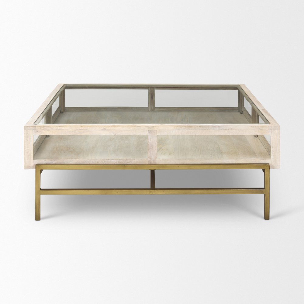 44" Off White Clear And Gold Solid Wood Glass And Iron Storage Coffee Table HomeRoots