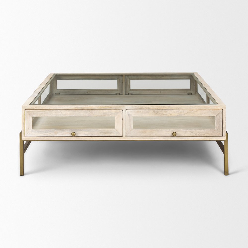 44" Off White Clear And Gold Solid Wood Glass And Iron Storage Coffee Table HomeRoots