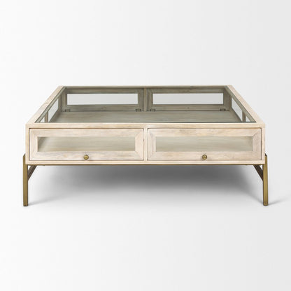 44" Off White Clear And Gold Solid Wood Glass And Iron Storage Coffee Table HomeRoots